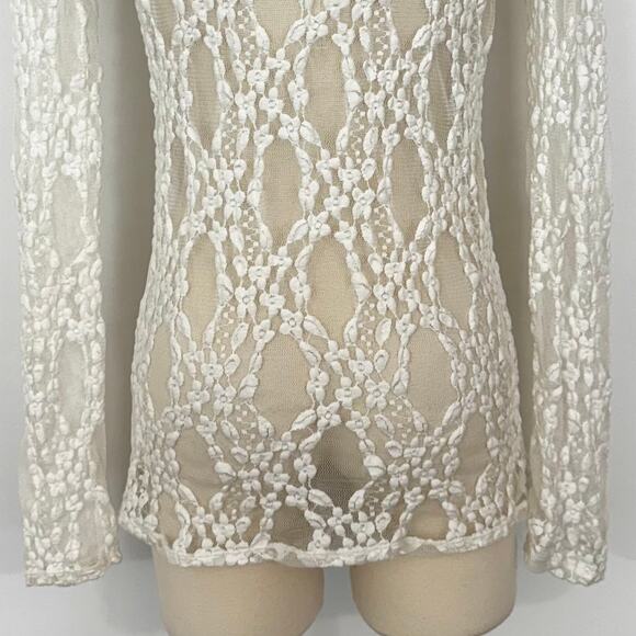Free People Sheer Lace-Up Shoulder Stretchy Floral Top Blouse White | M - Picture 7 of 9